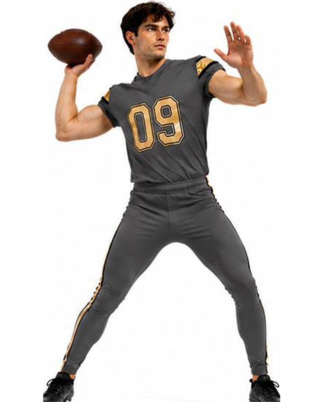 A man modeling a dark gray football uniform costume with gold trim and the number 09 on the chest, holding a brown football against a plain white background.