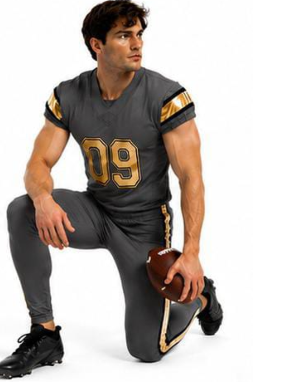 A man modeling a dark gray football uniform with gold trim and the number 09 on the chest, kneeling on a white studio background and holding a football.