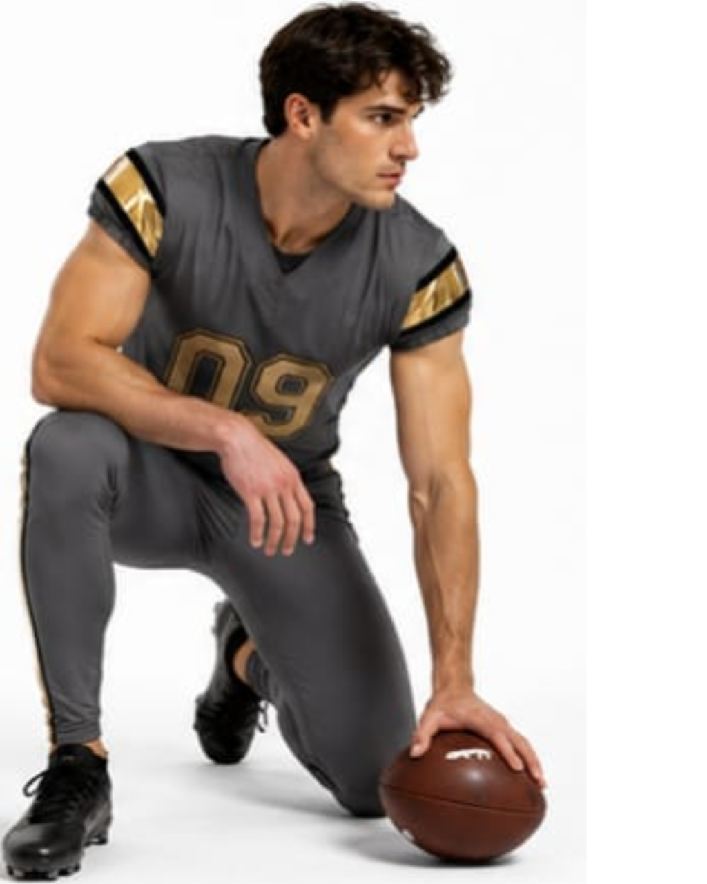 A man modeling a dark gray football uniform with gold accents, including the number 09 on the chest and gold stripes on the sleeves, crouching next to a brown football against a white background.