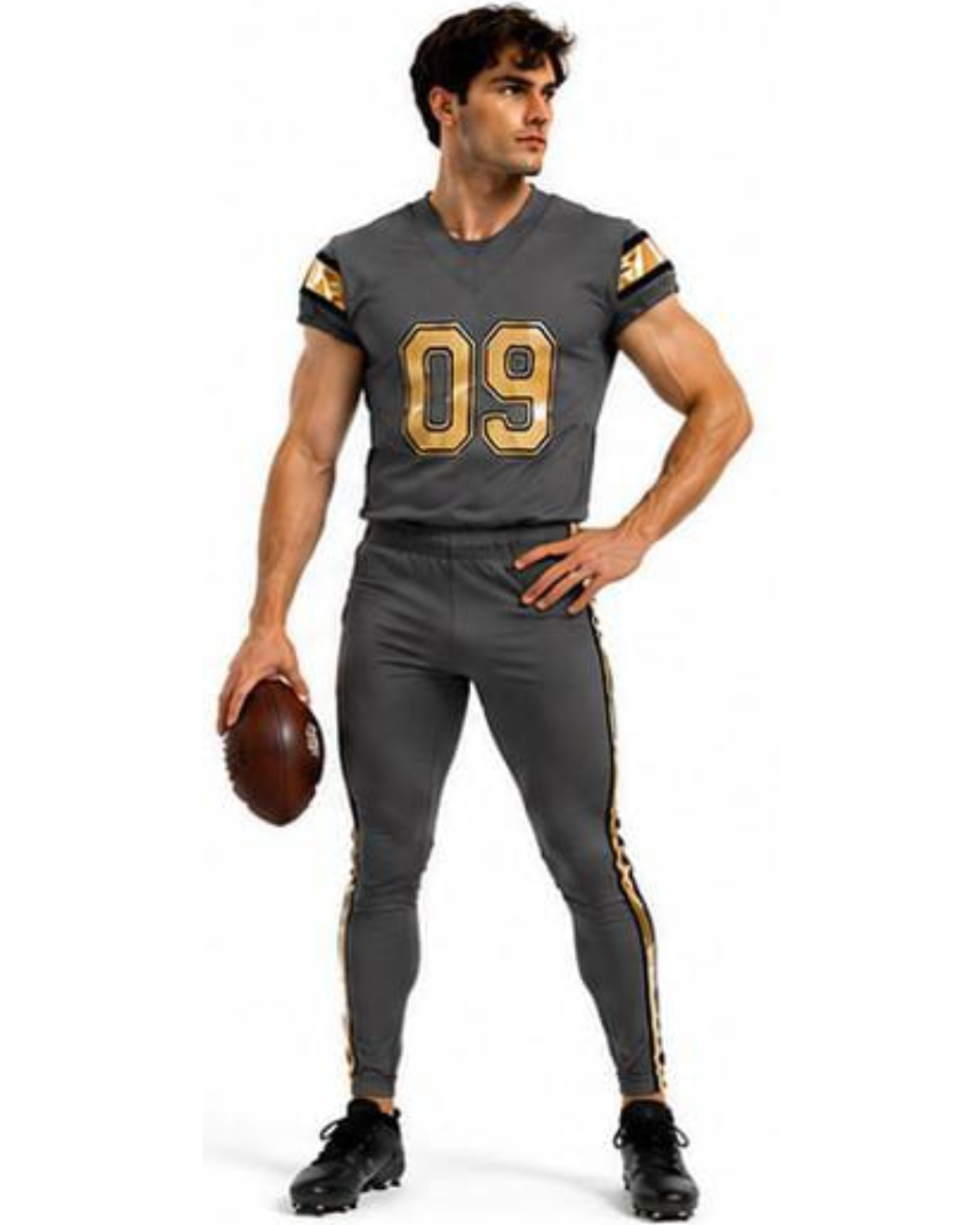 A man modeling a dark gray football uniform set with gold trim and the number 09 on the chest, holding a brown football against a plain white background.
