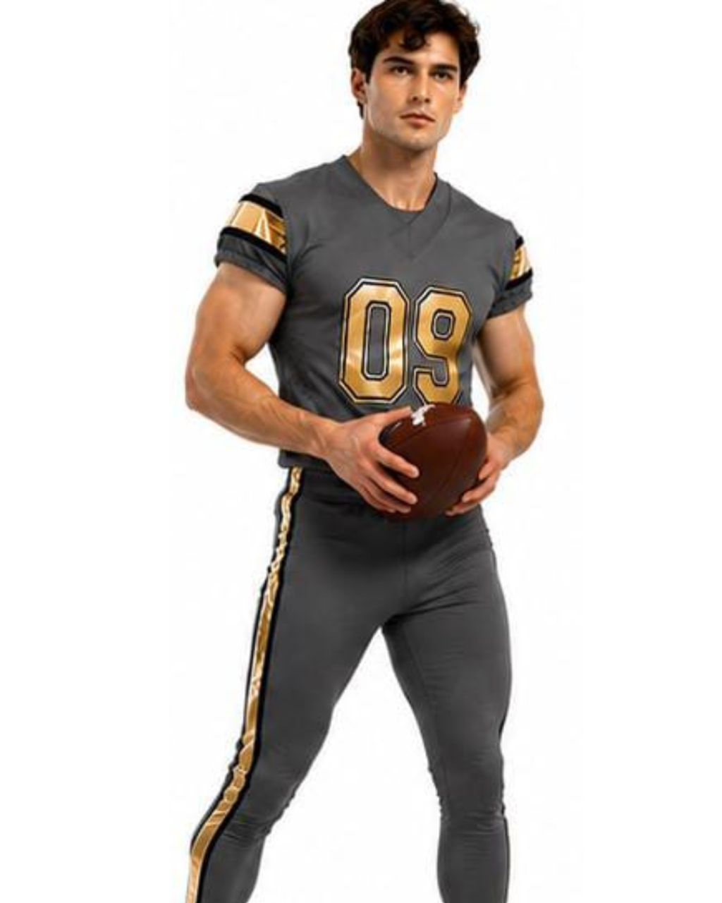 A man modeling a dark gray football uniform costume with gold trim, featuring the number 09 on the chest and a football held in his hands, set against a plain white background.