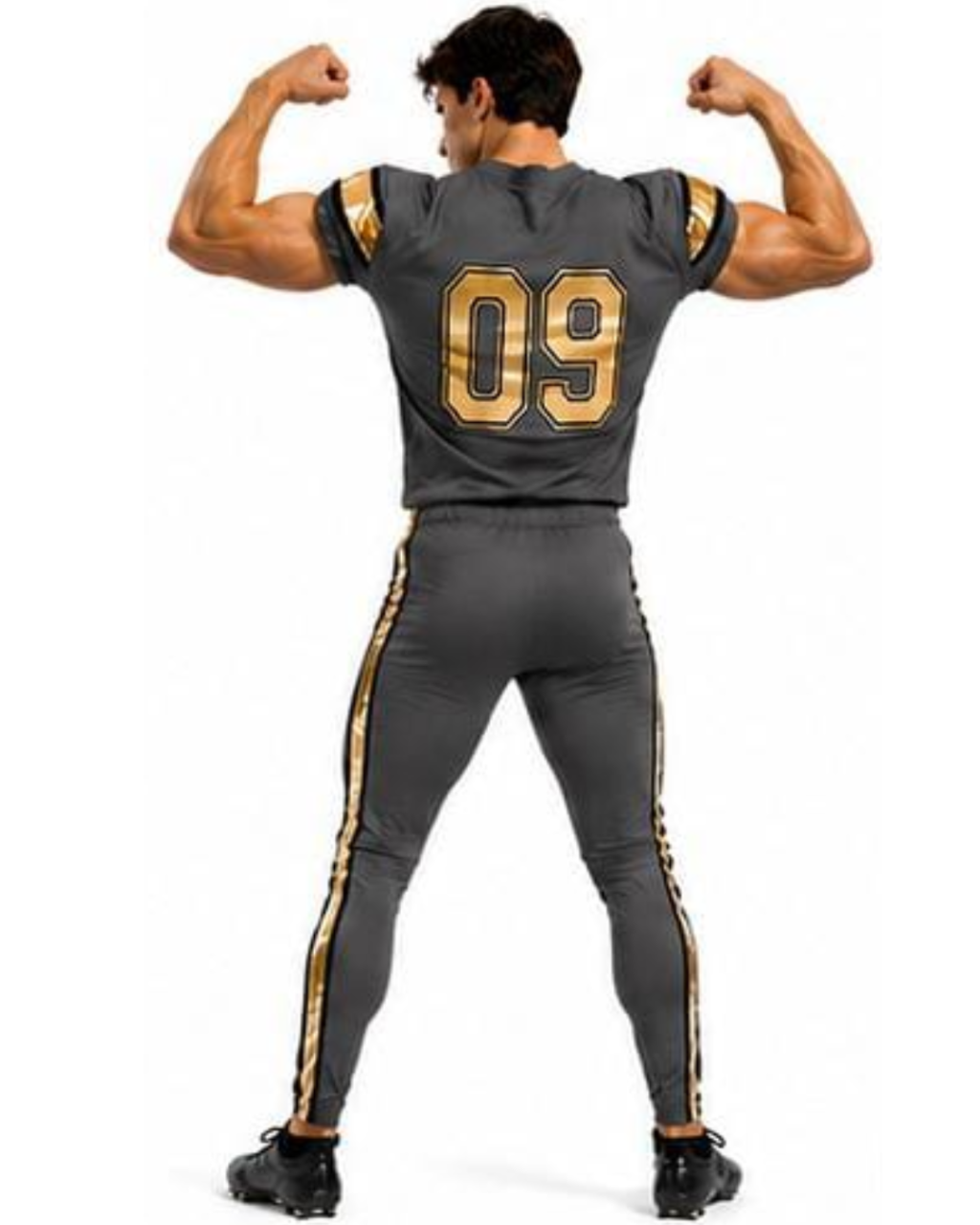 A man wearing a dark gray football uniform with gold trim and the number 09 on the back, shown from behind against a white background.