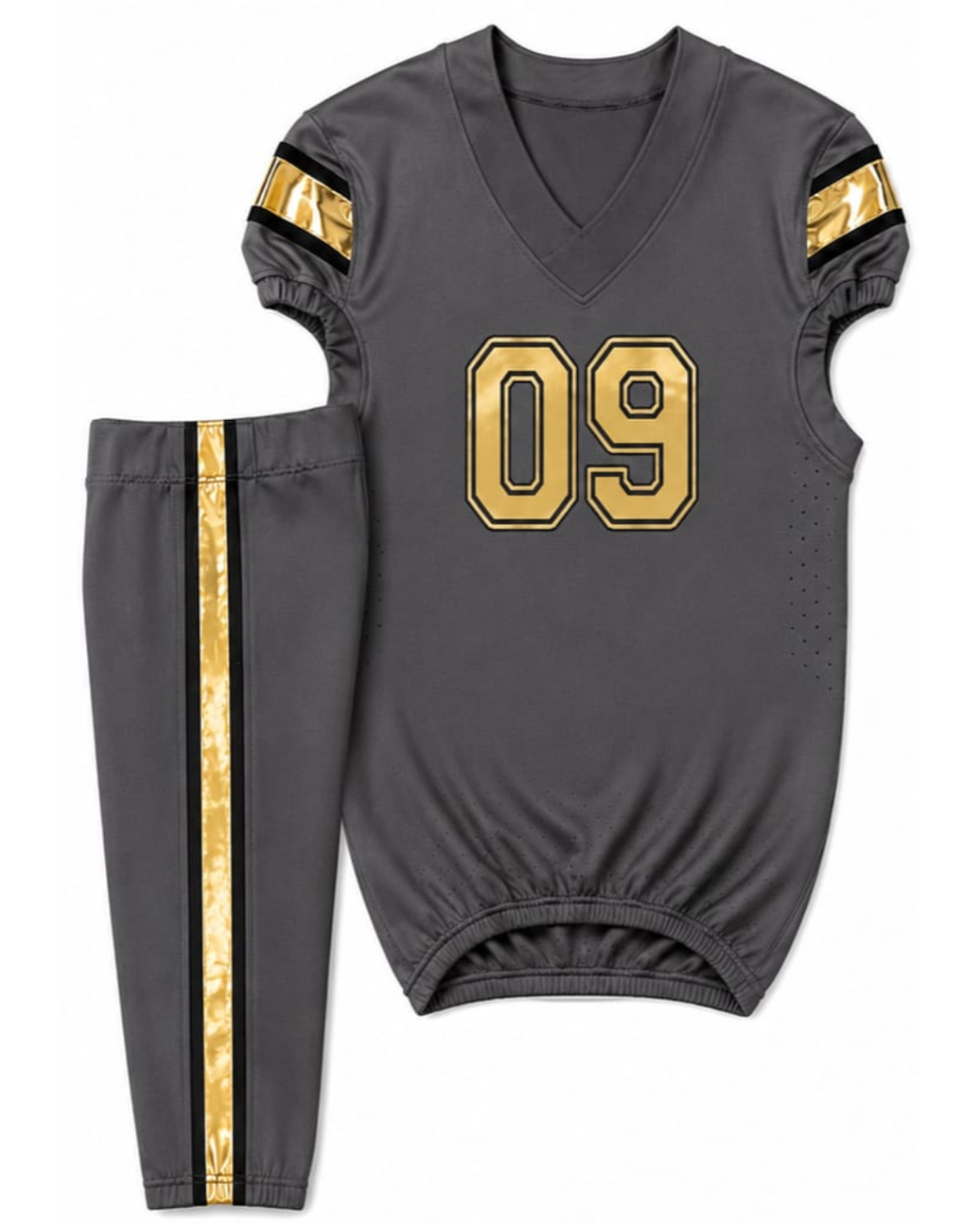 A two-piece kids' football uniform set consisting of a dark gray V-neck jersey top with gold number 09 on the chest and gold patterned sleeves, paired with matching dark gray pants featuring a gold and black side stripe.