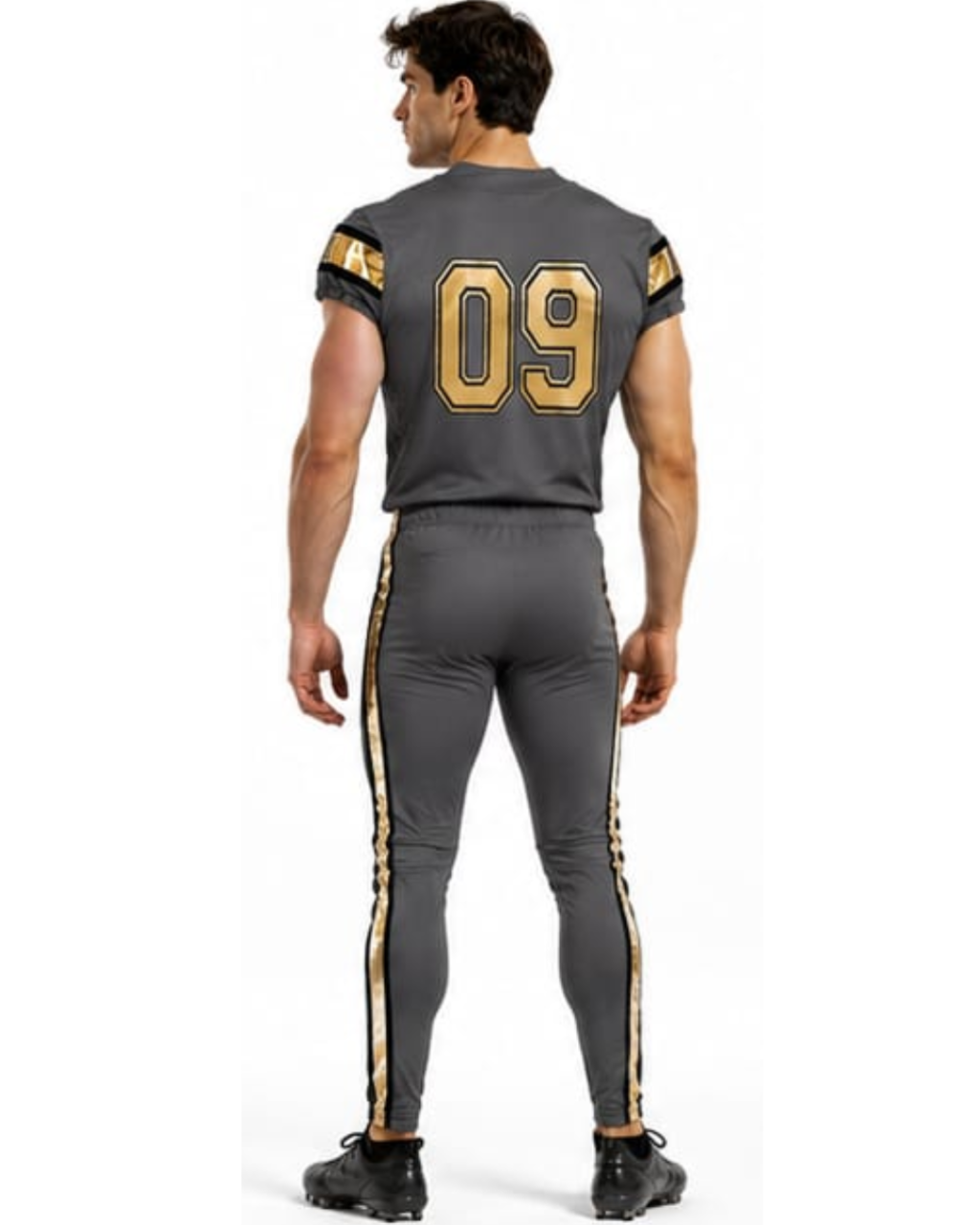 A man shown from the back wearing a dark gray athletic football-style jersey with large gold number 09 on the back, matching dark gray leggings with gold side stripes, and black cleats against a plain white background.