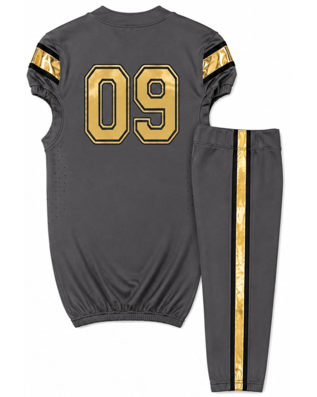 A dark gray two-piece athletic outfit featuring a short-sleeve jersey top with gold '09' numbers on the back and gold patterned sleeve stripes, paired with matching dark gray pants that have a gold and black side stripe.
