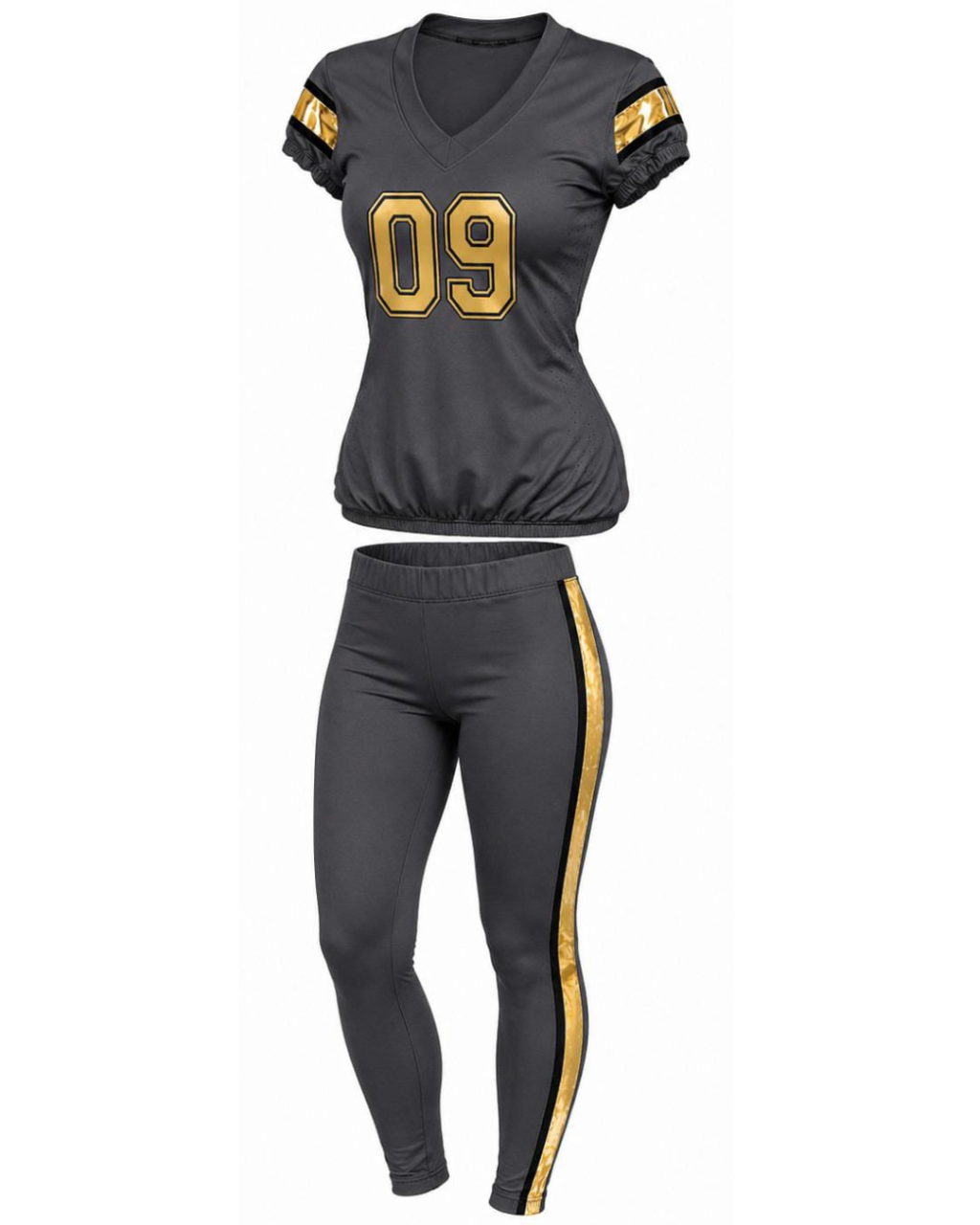A women's two-piece athletic uniform set consisting of a dark gray V-neck football jersey with gold '09' on the chest and gold sleeve stripes, paired with matching dark gray leggings featuring a gold side stripe.
