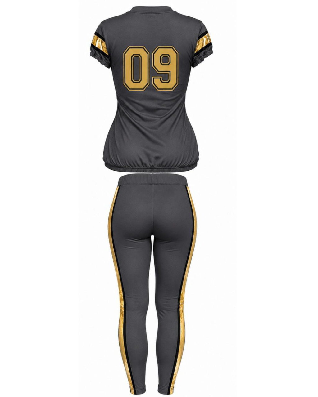 A two-piece athletic uniform set consisting of a dark gray short-sleeve jersey with yellow and black sleeve stripes and a large yellow number 09 on the back, paired with matching dark gray leggings featuring yellow side stripes, shown against a plain white background.