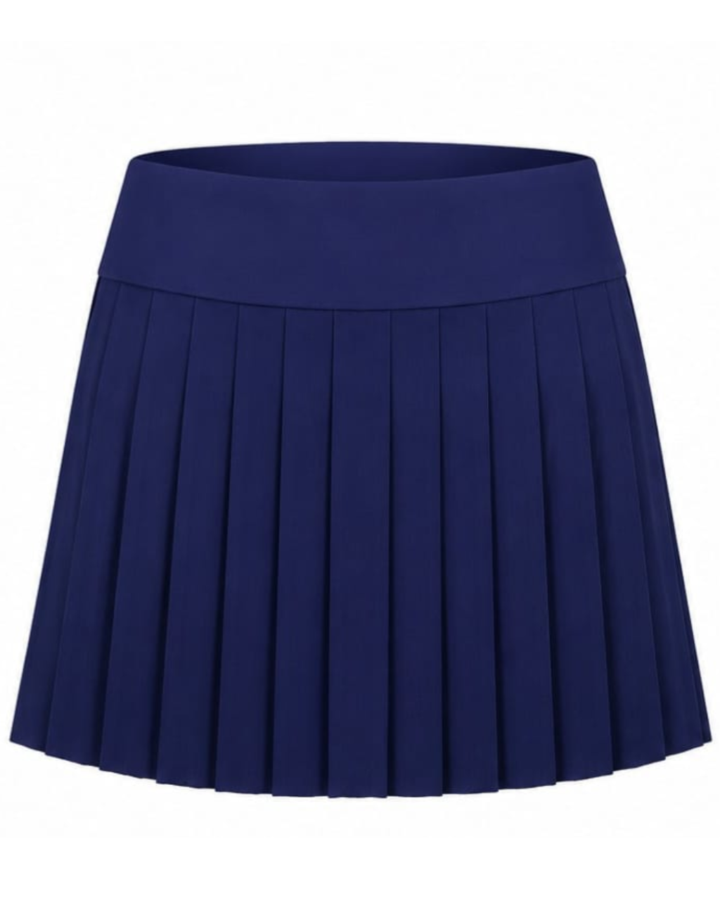 A navy blue pleated mini skirt with a wide elastic waistband, shown against a plain white background.