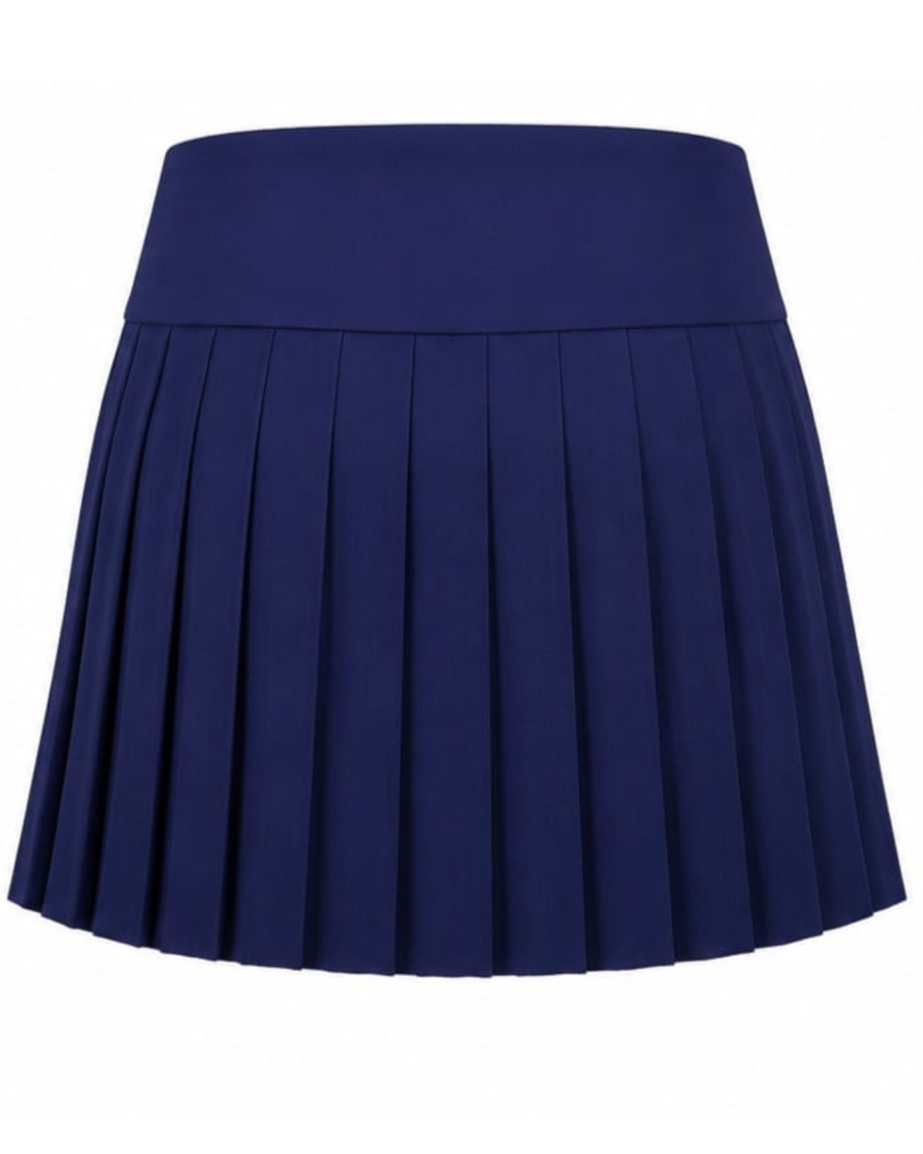 A navy blue pleated tennis skirt with a wide elastic waistband, shown against a plain white background.
