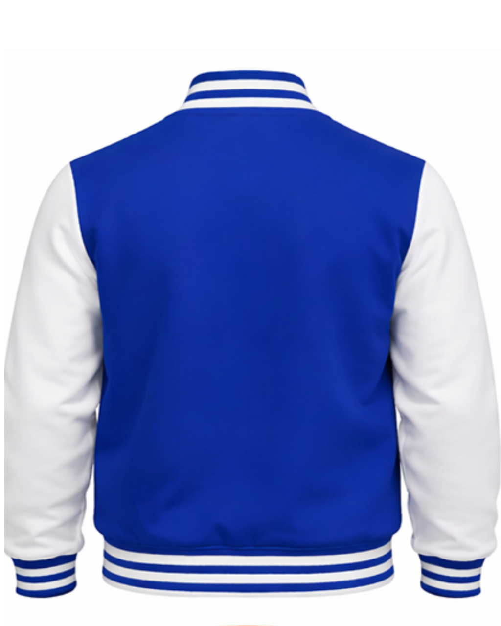 Blue and white varsity jacket on a white background
