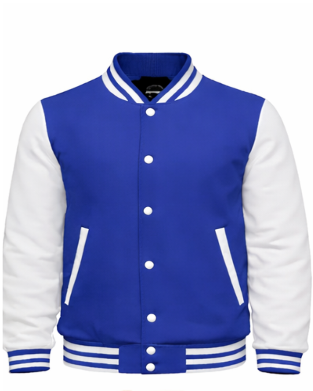 Blue and white varsity jacket on a white background