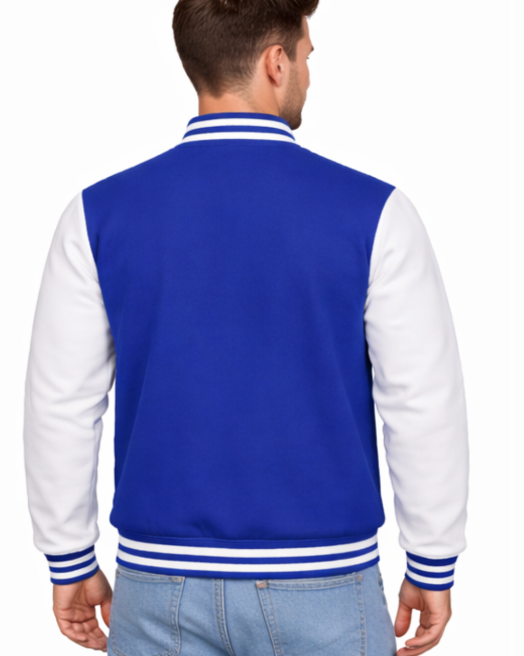 Man wearing a blue and white varsity jacket on a white background