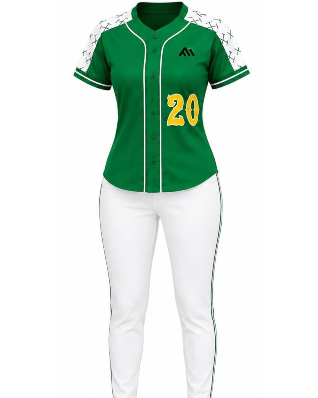 A women's short-sleeve button-front baseball jersey in green with white trim, patterned white shoulder panels, a black logo on the right chest, and the number 20 in yellow on the front, paired with white athletic pants.