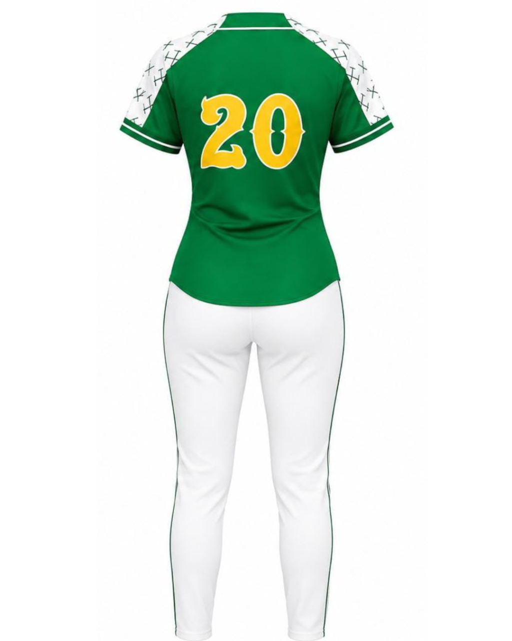 A women's short-sleeve athletic jersey and matching pants set shown from the back. The jersey is green with white patterned sleeves, green trim, and a large yellow number 20 on the back.
