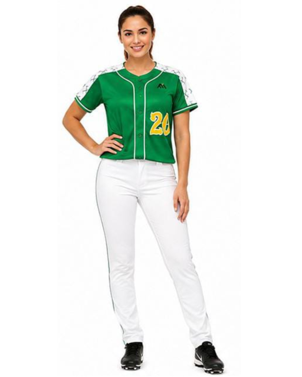 A woman modeling a green and white baseball-style jersey with yellow number 24 on the front, paired with white pants and black cleats, against a plain white background.