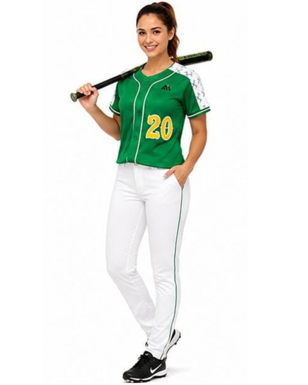 A woman modeling a green and white baseball uniform with the number 20 on the front, holding a black baseball bat over her shoulder against a plain white background.