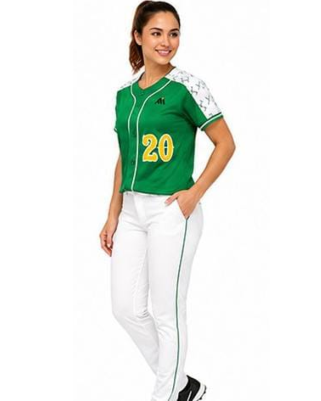 A woman modeling a green and white baseball-style jersey with the number 20 in yellow, paired with white pants with green side stripes, against a plain white background.