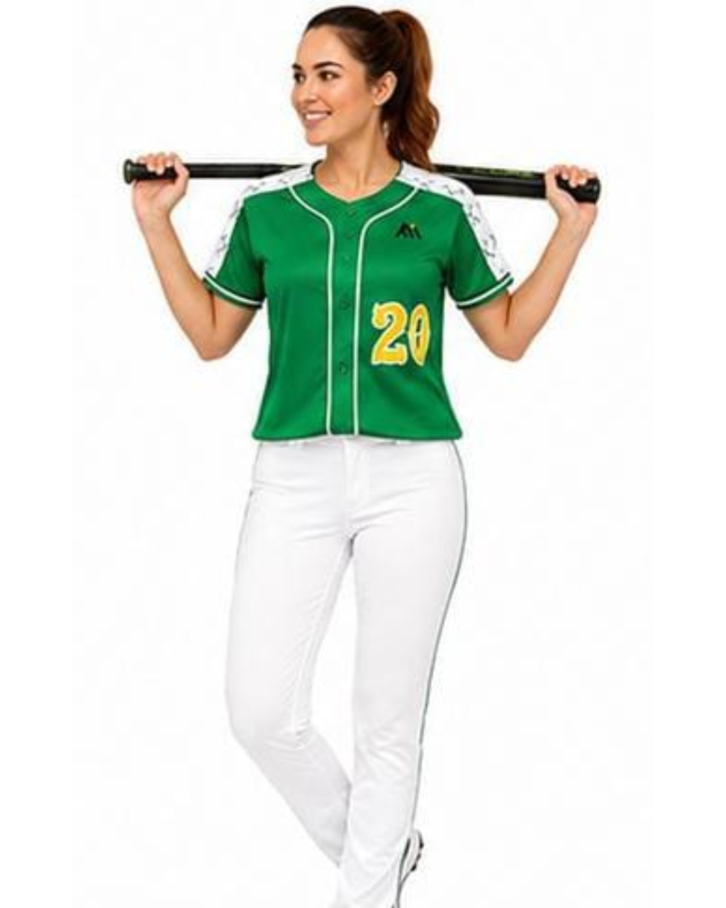 A woman modeling a green baseball-style costume jersey with white trim, white pants, and a black bat over her shoulders against a plain white background.
