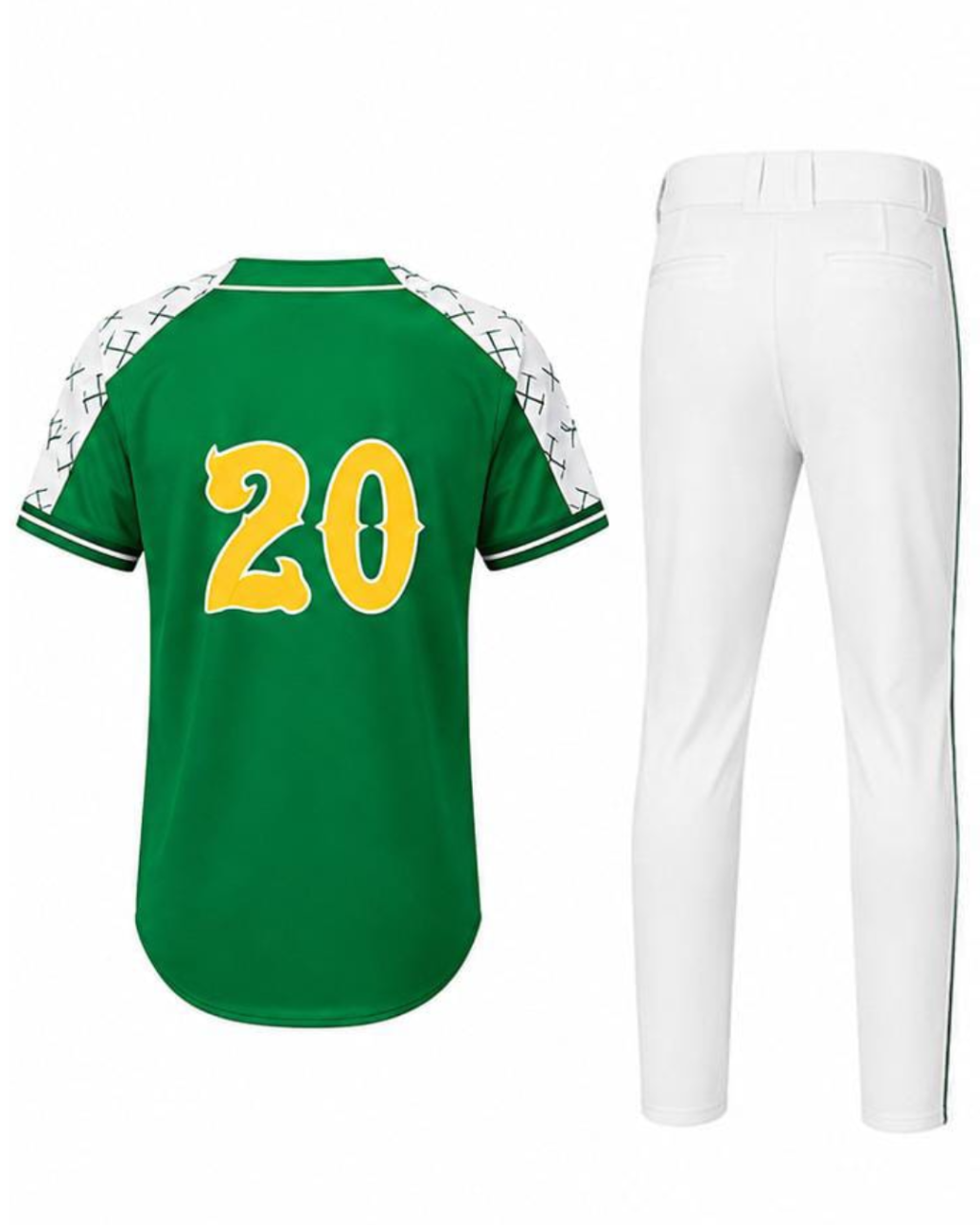 A kids' baseball uniform set consisting of a green jersey with white patterned sleeves and a large yellow number 20 on the back, paired with white baseball pants with a green side stripe, shown against a plain white background.