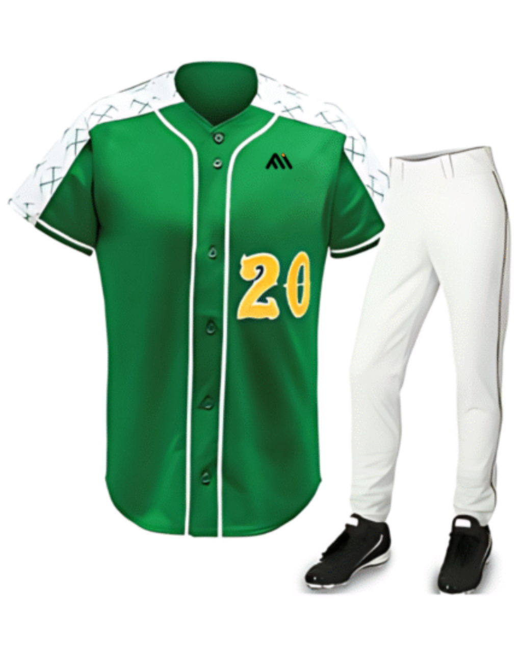 A green baseball uniform set featuring a short-sleeve button-front jersey with white trim, a yellow number 20 on the front, a small black logo on the chest, white pants with a dark side stripe, and black cleats, shown on a plain white background.