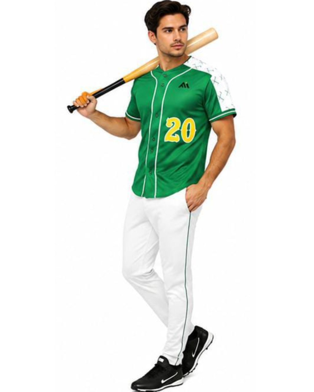 A man modeling a green baseball jersey with white trim, white pants, and black sneakers, holding a wooden baseball bat over his shoulder against a plain white background.
