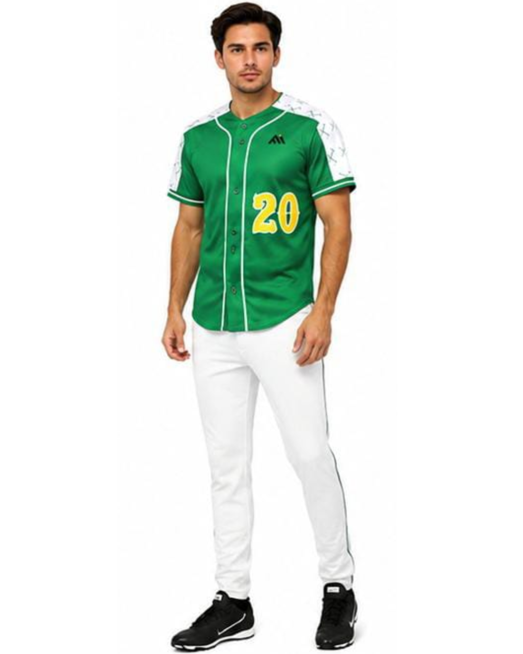 A man modeling a green baseball-style jersey with white sleeves and collar trim, a yellow number 20 on the front, and white pants against a plain white background.