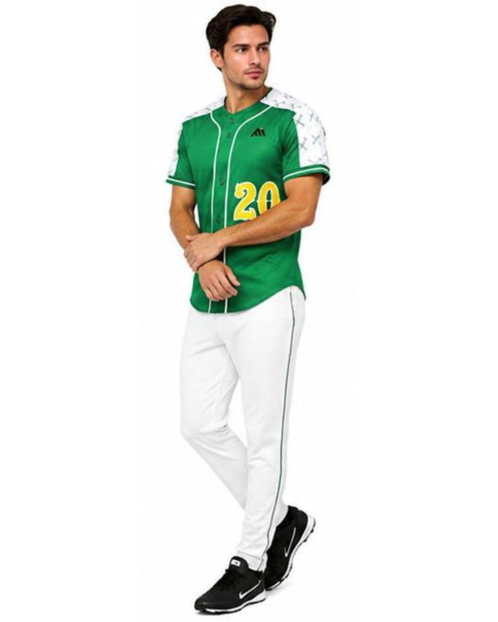 A man modeling a green baseball-style jersey with white sleeves, yellow number 20 on the front, and white pants against a plain white background.