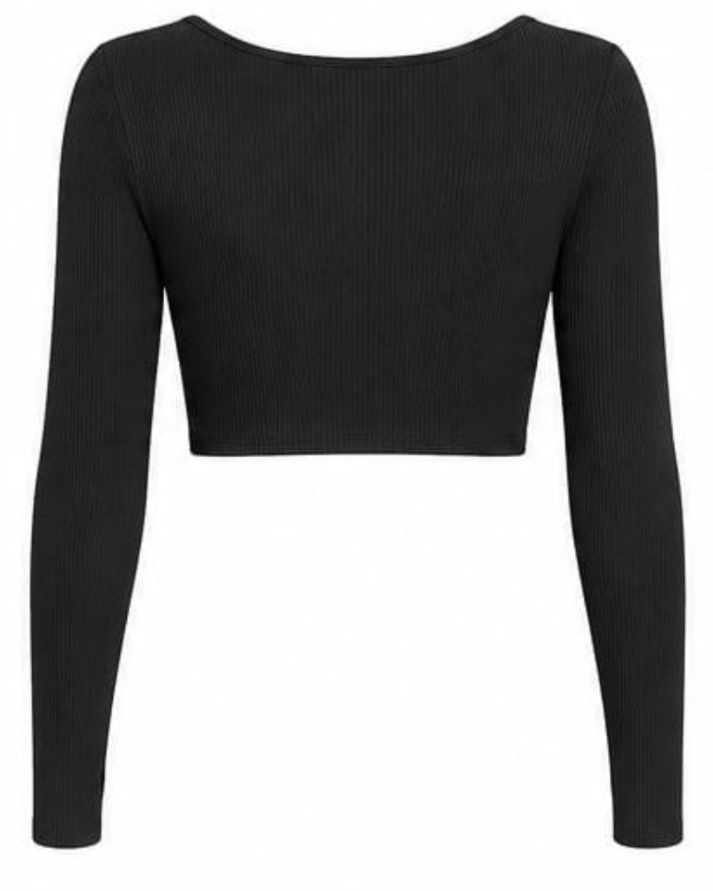 A black long-sleeve ribbed knit crop top with a wide boat neckline, shown against a plain white background.