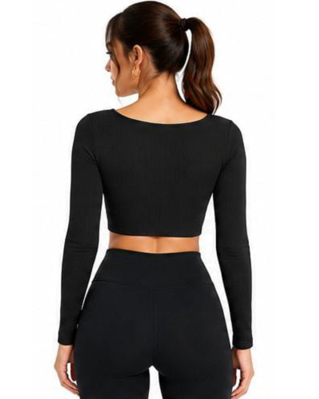 A woman shown from the back wearing a black long-sleeve ribbed crop top and matching black leggings against a plain white background.