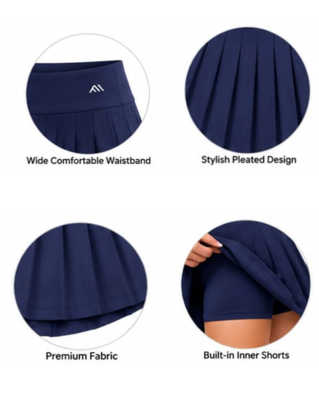 A four-panel product feature graphic showing a navy blue pleated athletic skirt. The top-left panel highlights a wide comfortable waistband with a small white logo.