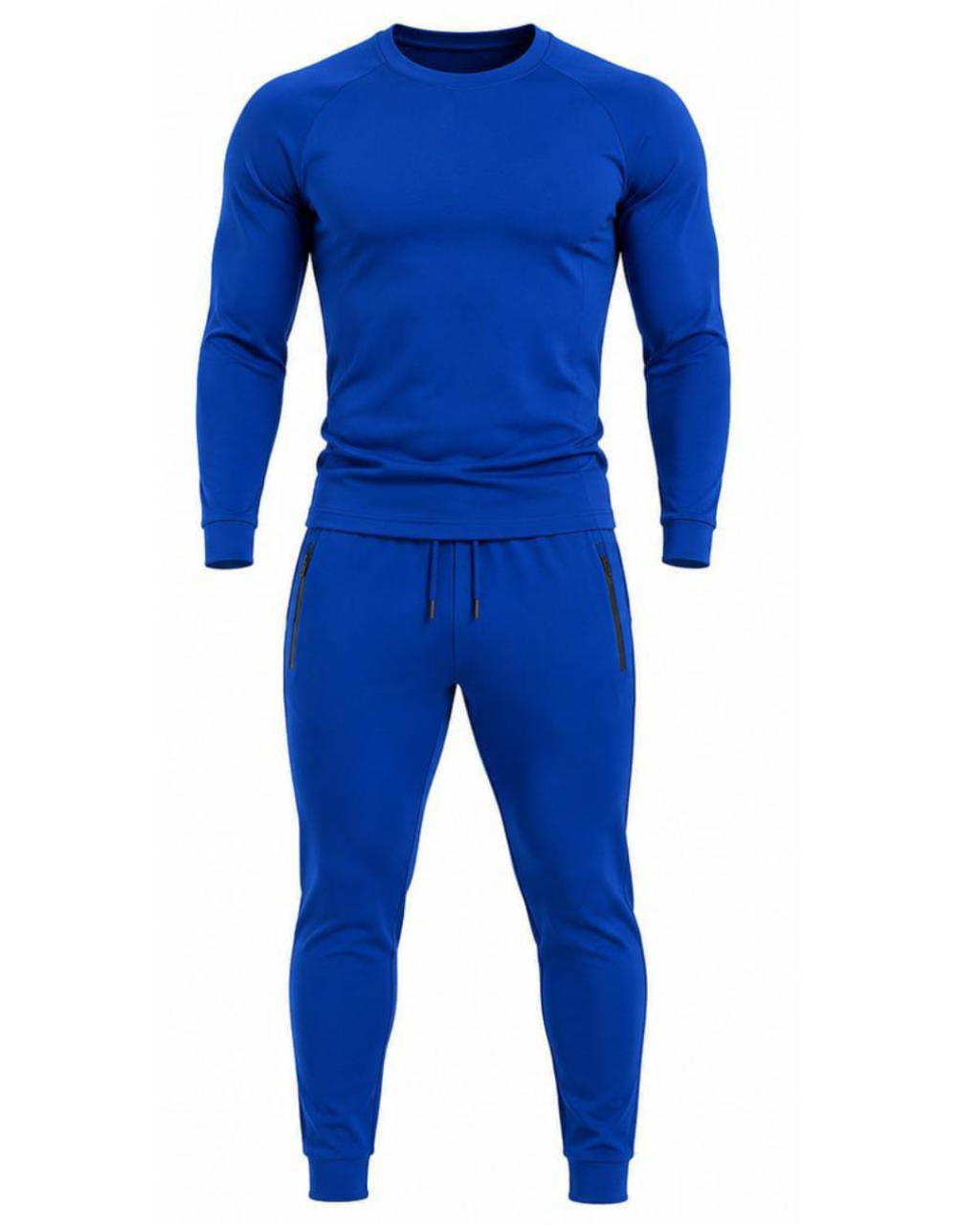 A men's two-piece athletic tracksuit in a vibrant royal blue color, featuring a long-sleeve crewneck top and matching jogger pants with side zippers and a drawstring waist, shown on a plain white background.