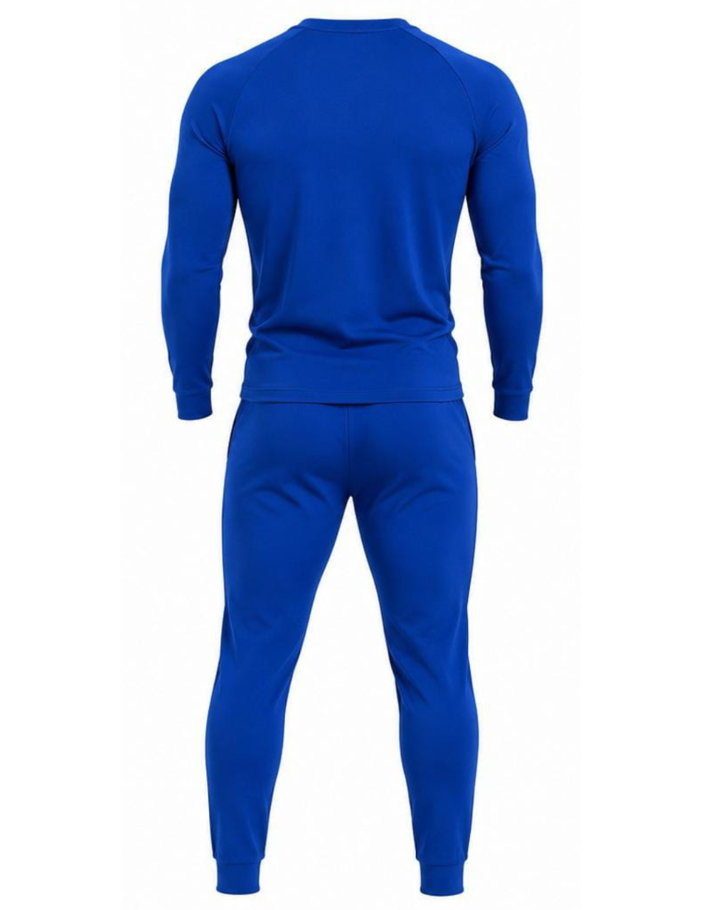 A mannequin or model shown from the back wearing a matching royal blue long-sleeve top and jogger-style pants set, isolated on a plain white background.