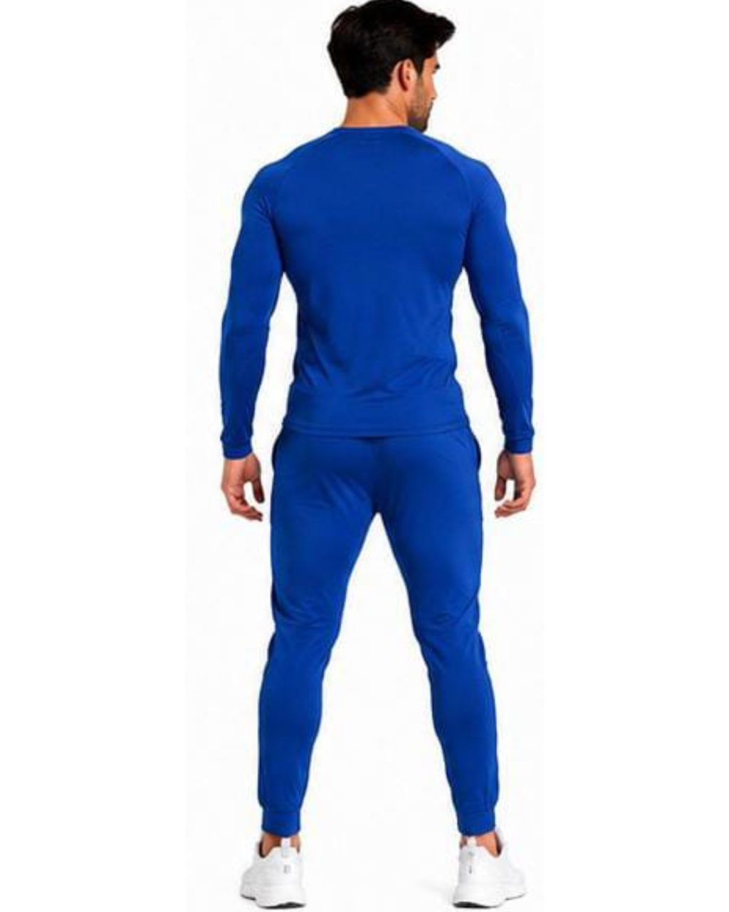 A man wearing a royal blue long-sleeve athletic shirt and matching jogger pants, shown from the back against a plain white background.