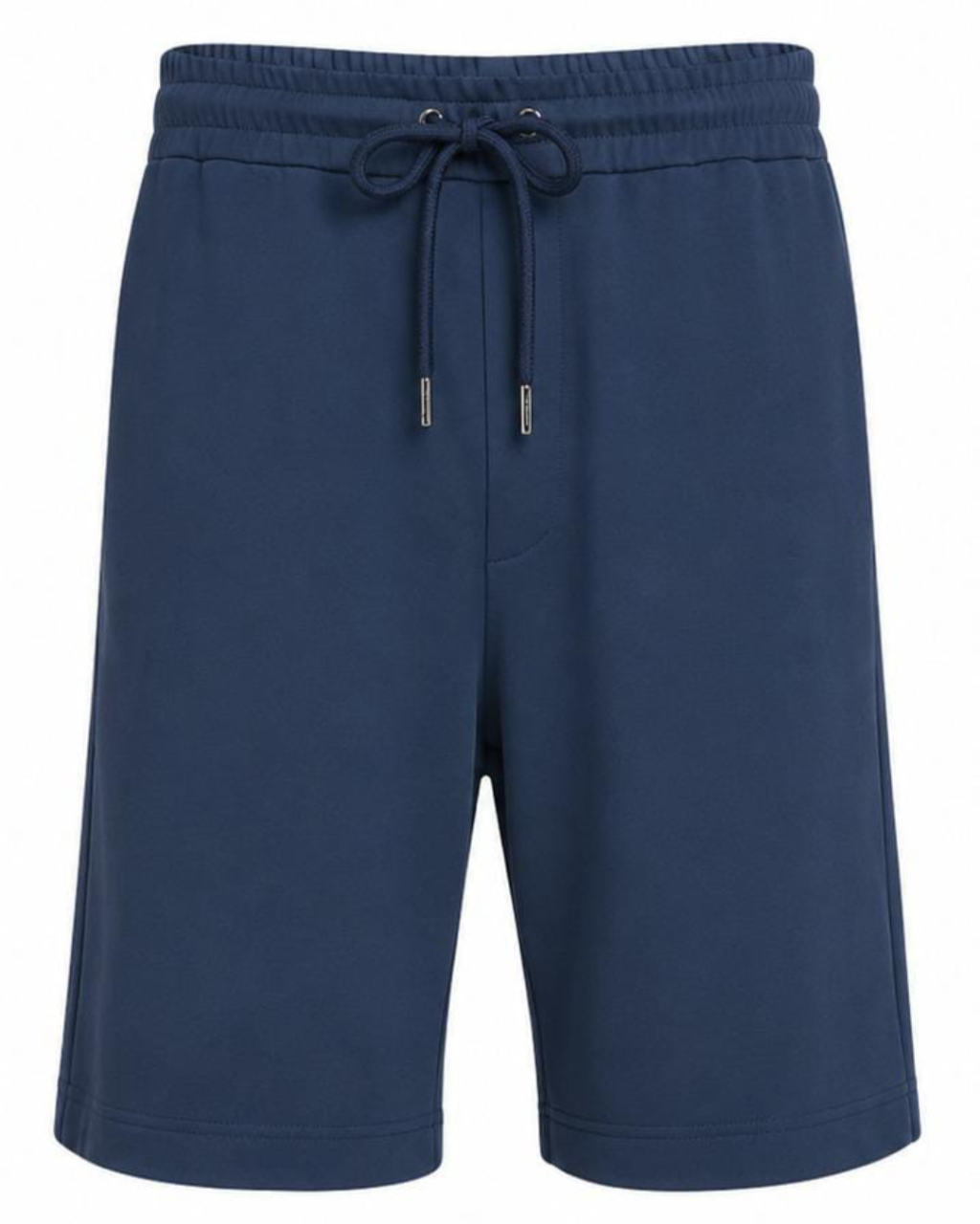 A pair of navy blue sweat shorts with an elastic waistband and matching drawstring, shown against a plain white background.