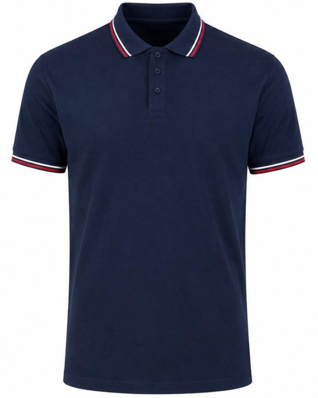 A navy blue short-sleeve polo shirt with a three-button placket and contrasting red and white striped trim on the collar and sleeve cuffs, shown against a plain white background.