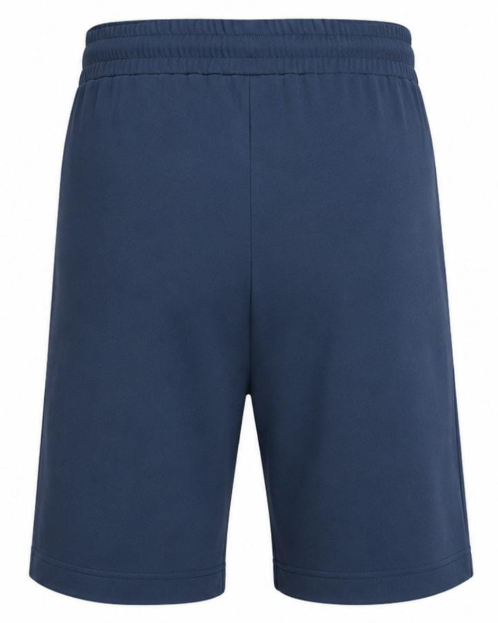 A pair of navy blue athletic shorts with an elastic waistband, shown from the back on a plain white background.