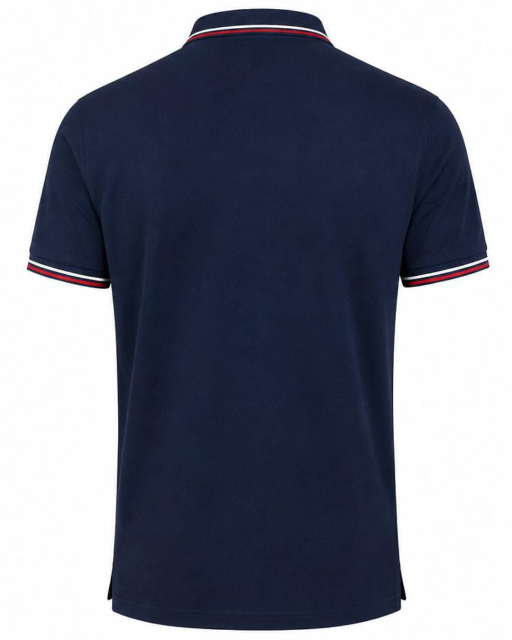 A navy blue short-sleeve polo shirt shown from the back, featuring a classic collar and sleeve cuffs with thin red and white stripes.