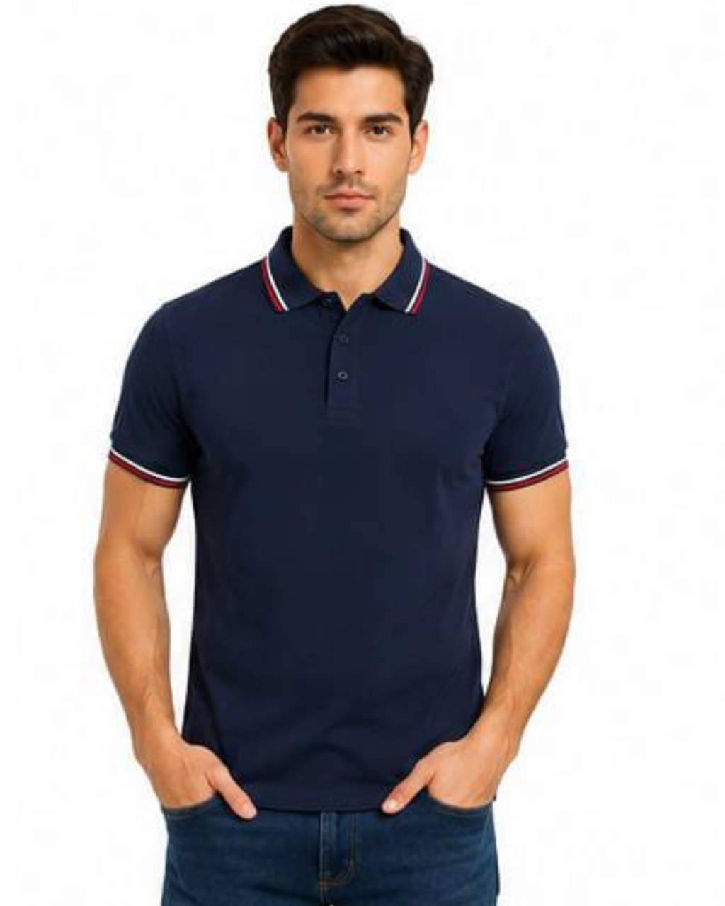 A man wearing a navy blue short-sleeve polo shirt with red and white striped trim on the collar and sleeve cuffs, paired with dark blue jeans, against a plain white background.