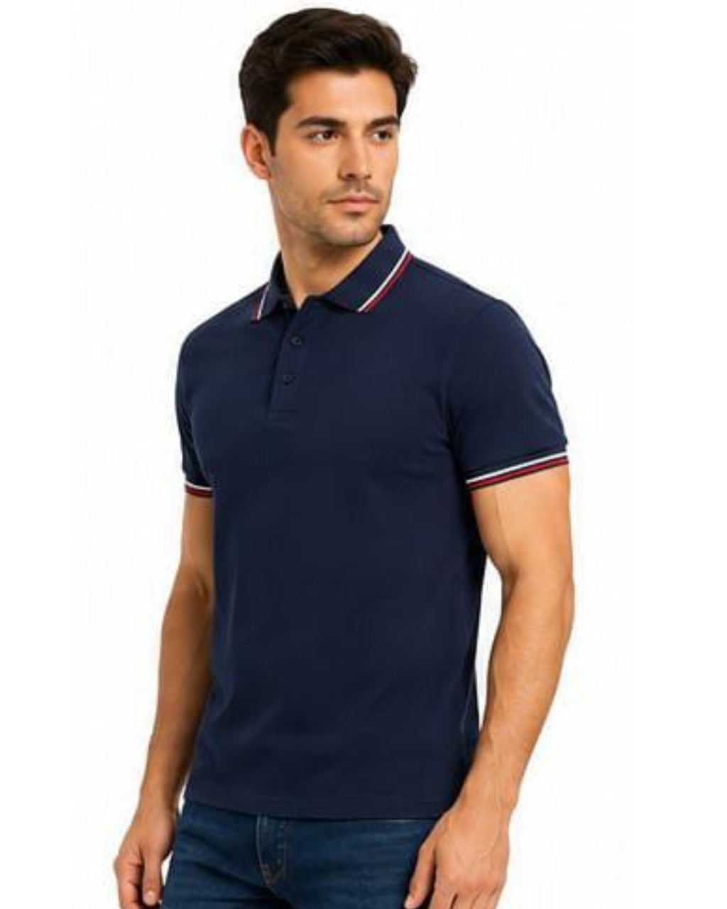 A man wearing a navy blue short-sleeve polo shirt with red and white striped trim on the collar and sleeve cuffs, paired with dark blue jeans, against a plain white background.