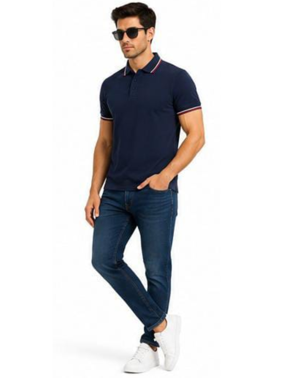 A man modeling a navy blue short-sleeve polo shirt with white and red trim on the collar and sleeve cuffs, paired with dark blue jeans and white sneakers, against a plain white background.
