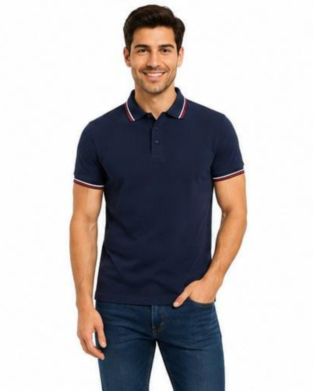 A man wearing a navy blue short-sleeve polo shirt with white and red striped trim on the collar and sleeve cuffs, paired with dark blue jeans, against a plain white background.