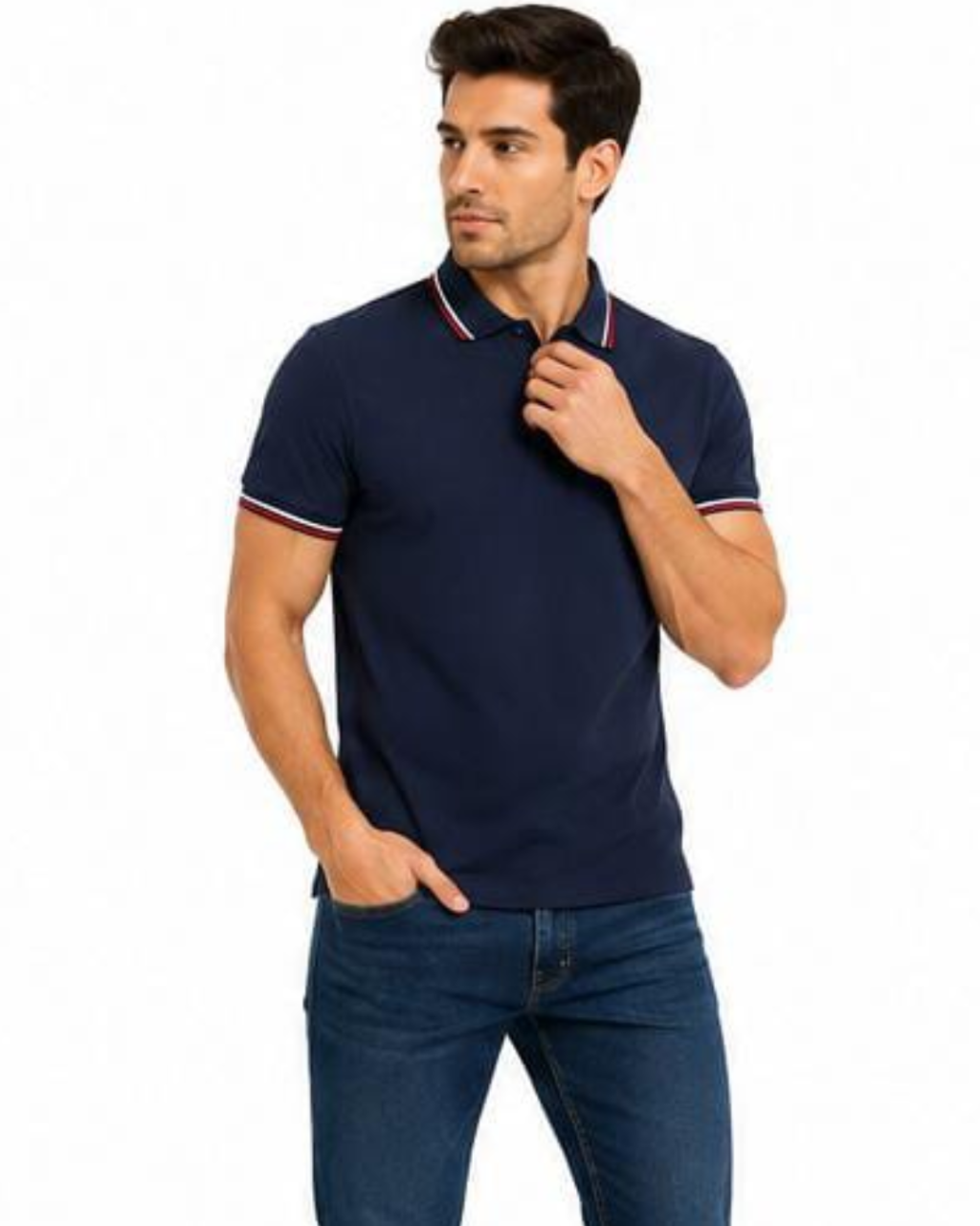 A man wearing a navy blue short-sleeve polo shirt with white and red striped trim on the collar and sleeve cuffs, paired with dark blue jeans, against a plain white background.