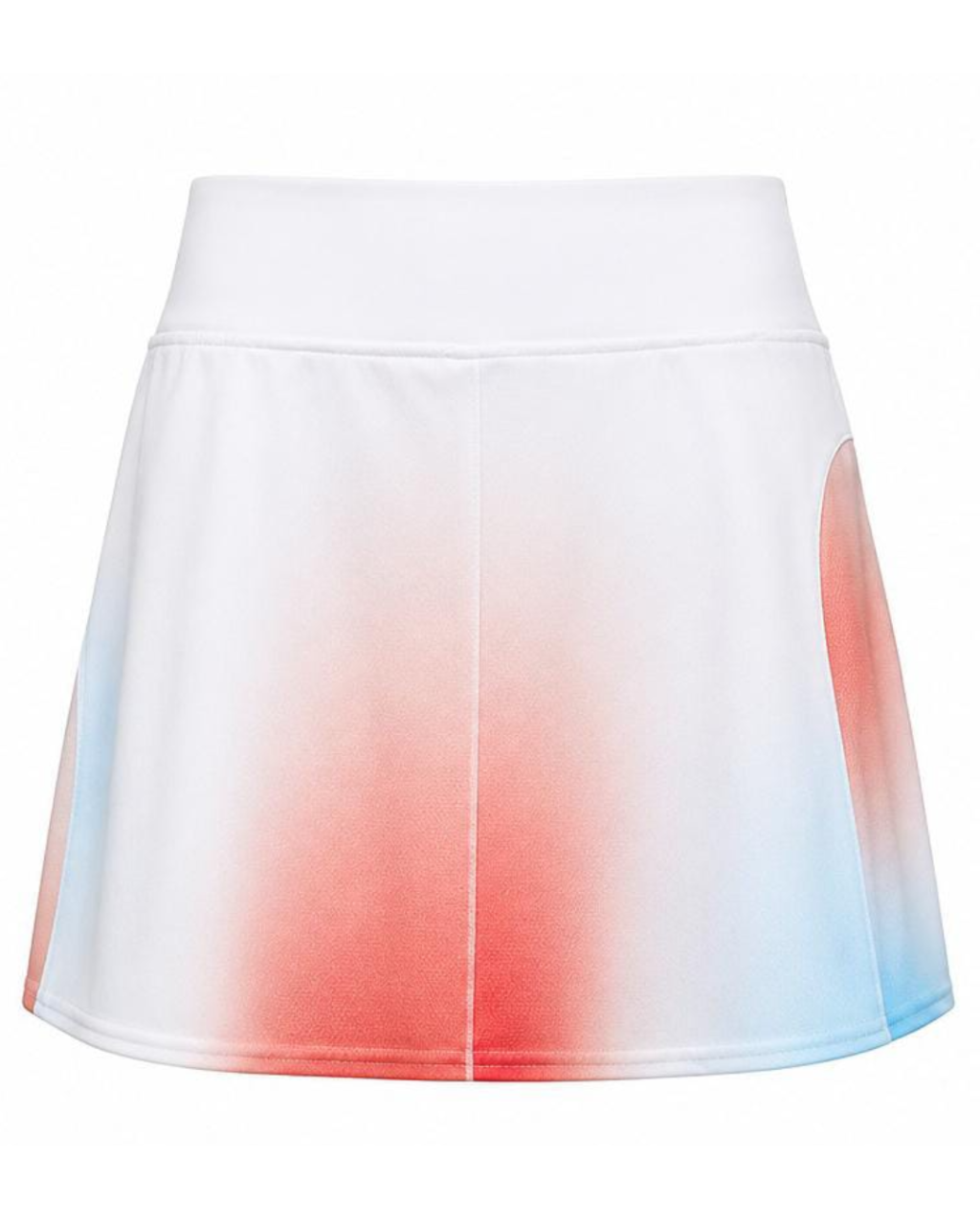 A white athletic skort featuring a red and blue ombre gradient design on the front panels, set against a plain white background.