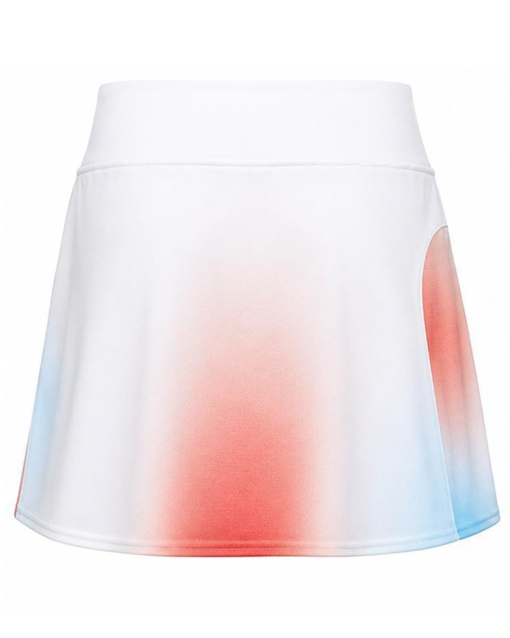 A white athletic skort featuring a red and blue gradient design on the front and side panels, displayed against a solid white background.
