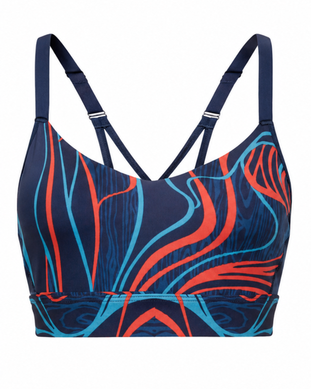 A women's sports bra with a navy blue base and a vibrant abstract wavy pattern in bright orange-red and light blue, featuring adjustable shoulder straps with metal sliders.