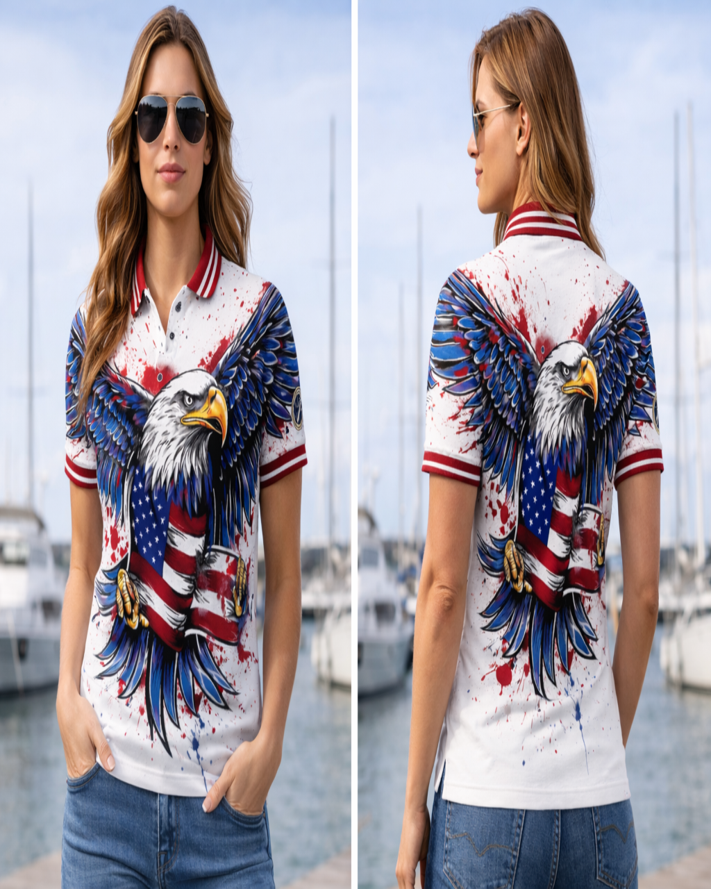 Woman wearing a polo shirt with an eagle and American flag design by a marina.