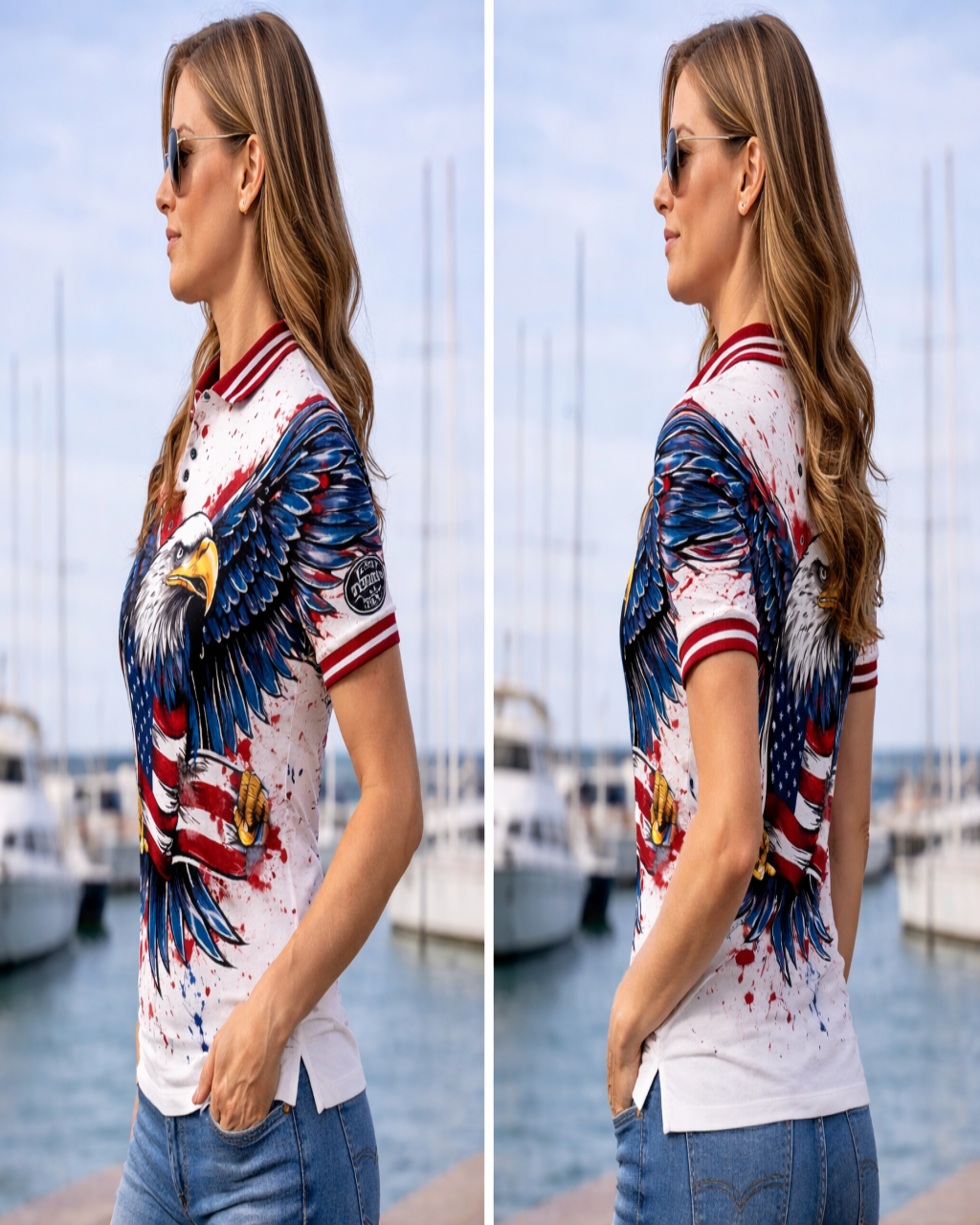 Woman wearing a t-shirt with an eagle design by a marina