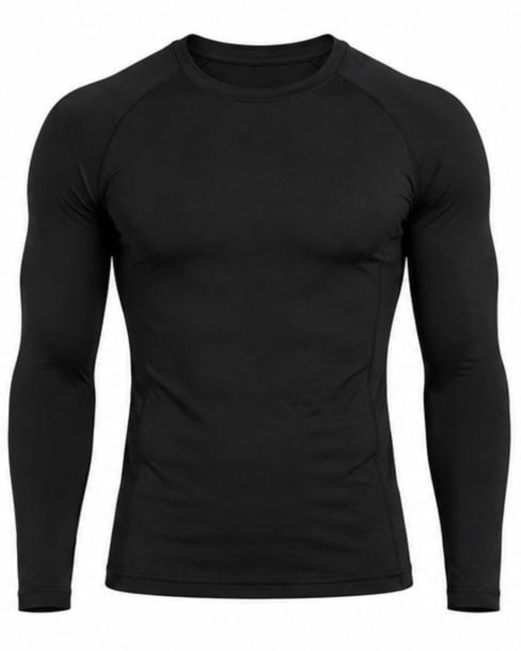 A black long-sleeve athletic compression shirt with raglan sleeves, shown on a headless mannequin torso against a plain white background.