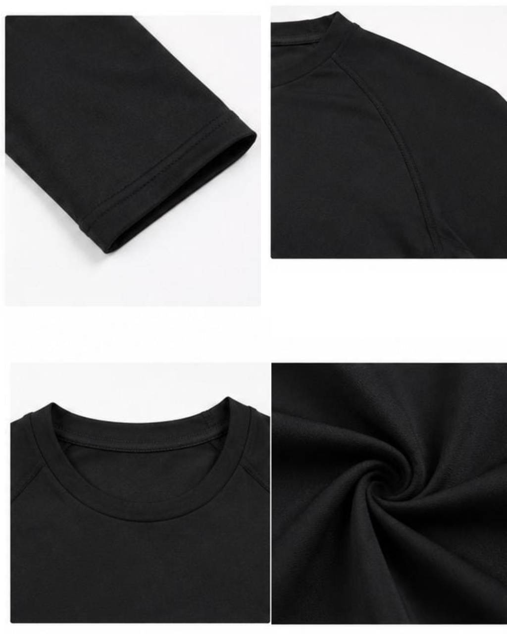 Four-panel close-up collage of a black crewneck garment, showing the sleeve cuff, shoulder seam, neckline, and fabric texture on a white background.