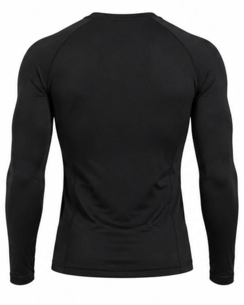 A black long-sleeve athletic compression shirt shown from the back, featuring a crew neck and raglan sleeves, on a plain white background.